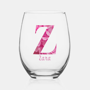 Verre À Vin Sans Pied Nom personnalisé Élégant Monogramme floral rose "Z