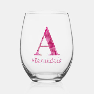 Verre À Vin Sans Pied Nom personnalisé Élégant rose floral Monogramme "A
