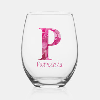Verre À Vin Sans Pied Nom personnalisé Élégant rose floral Monogramme "P
