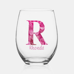 Verre À Vin Sans Pied Nom personnalisé Élégant rose floral Monogramme "R