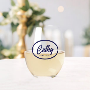 Verre À Vin Sans Pied Nom Stylisé bleu marine Mariage Bridesmaid