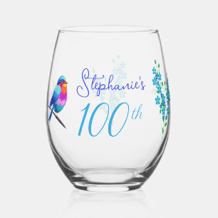 Verre À Vin Sans Pied Oiseau Bleu Myosotis Floral 100e Anniversaire