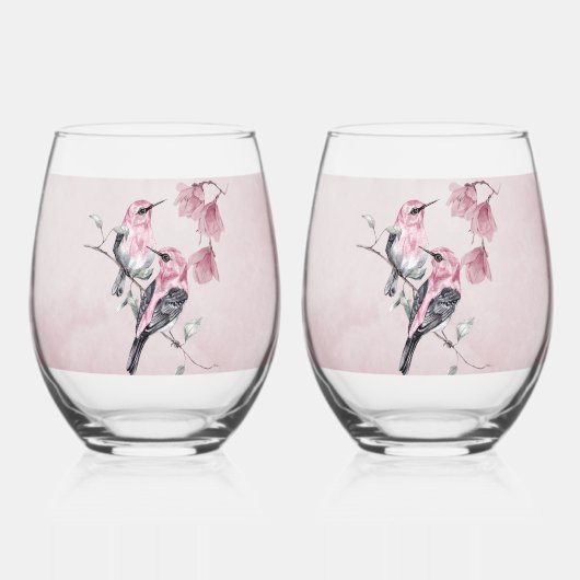 Verre À Vin Sans Pied Oiseaux et fleurs roses en aquarelle (Recto)