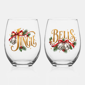 Verre À Vin Sans Pied Paire de typographie de Noël Jingle Bells Gold