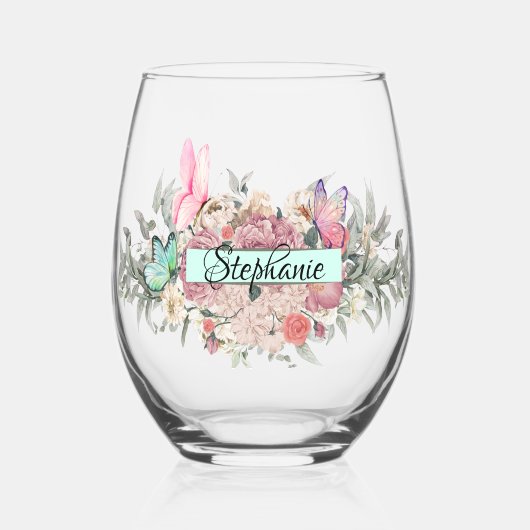 Verre À Vin Sans Pied Papillons Botaniques Personnalisé Fleurs élégantes (Recto)
