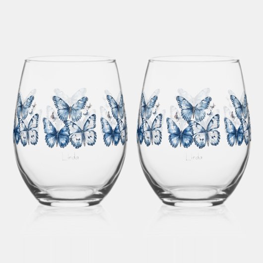Verre À Vin Sans Pied Papillons dans Delft Blue, personnalisable (Recto)