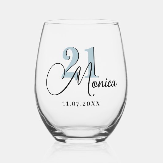 Verre À Vin Sans Pied Pastel Blue Numéro d'anniversaire | Date du nom no (Recto)