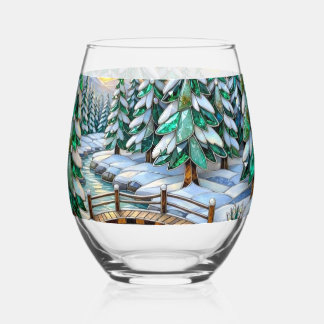 Verre À Vin Sans Pied Paysage hivernal en vitrail Pont de pin émeraude