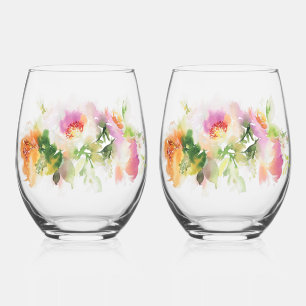 Verre À Vin Sans Pied Peinture à eau florale Imprimer Vin sans stémique
