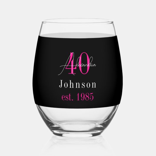 Verre À Vin Sans Pied Personalized 40th Birthday Black Hot Pink (Verso)
