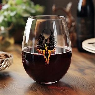 Verre À Vin Sans Pied Phénix Ardente Oiseau de Feu Tribal Noir Flammes