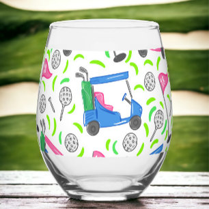 Verre À Vin Sans Pied Preppy Golf Pink Blue Golf Cart Motif