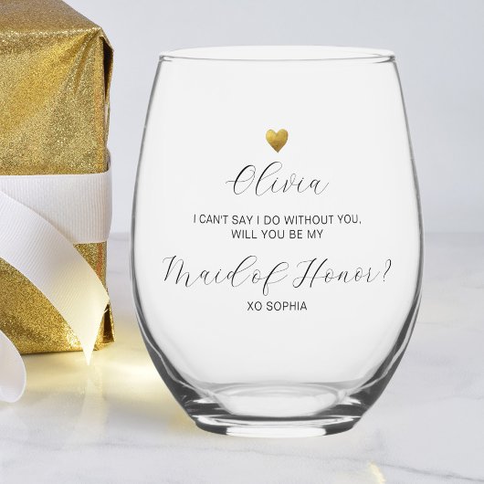 Verre À Vin Sans Pied Proposition d'honneur, Coeur d'or, Personnalisé