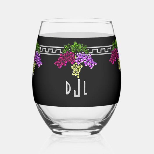 Verre À Vin Sans Pied Raisins Art Déco - Noir, Argent, Violet Monogramme (Recto)