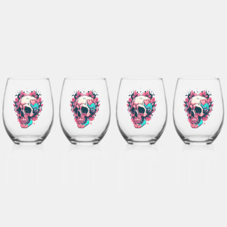 Verre À Vin Sans Pied Retro Thorny Rose crâne cardiaque