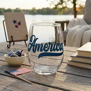 Verre À Vin Sans Pied Rétro USA America en écriture décorative bleu mari
