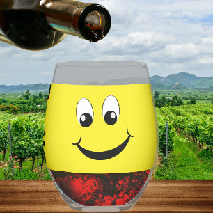 Verre À Vin Sans Pied Retro Yellow Happy Face Avec Sourire Nom Monogramm