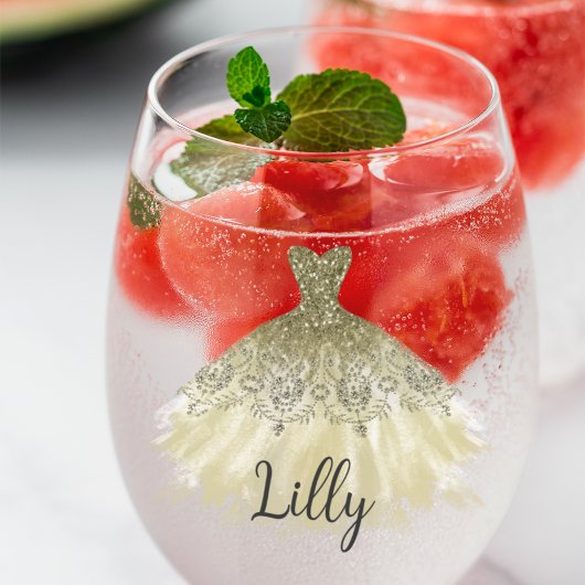 Verre À Vin Sans Pied Robe Dorée Étincelle Pour Une Femme D'Accueil