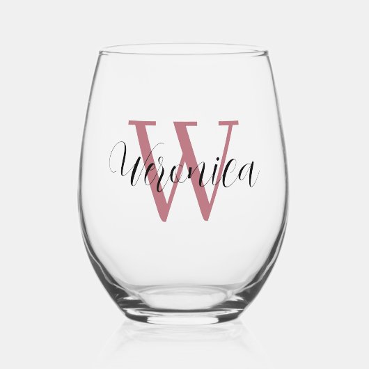 Verre À Vin Sans Pied Rose Gold Initial et Black Name | Élégant (Recto)