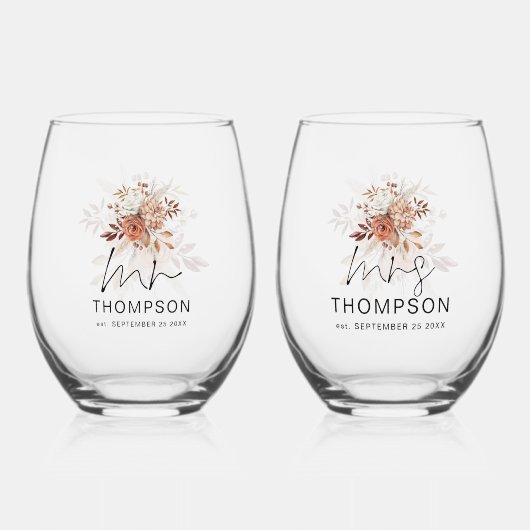 Verre À Vin Sans Pied Rustic Terracotta Florals M. Mme Nom Date Mariage (Recto)