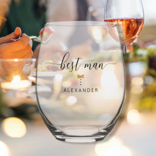 Verre À Vin Sans Pied Script moderne Best Man Gold Bow Cravate Nom Maria