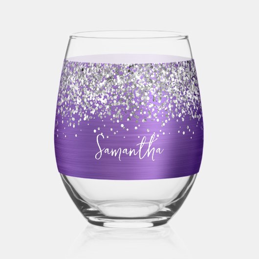 Verre À Vin Sans Pied Silver Glitter Amethyst Glam Name (Recto)