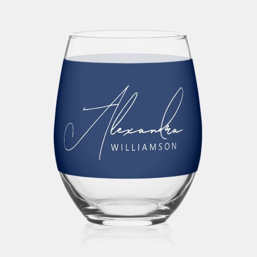 Verre À Vin Sans Pied Simple Bleu Et Blanc Script Moderne Nom Élégant (Recto)