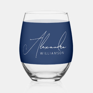 Verre À Vin Sans Pied Simple Nom Moderne Bleu Et Blanc De Style Manuscri