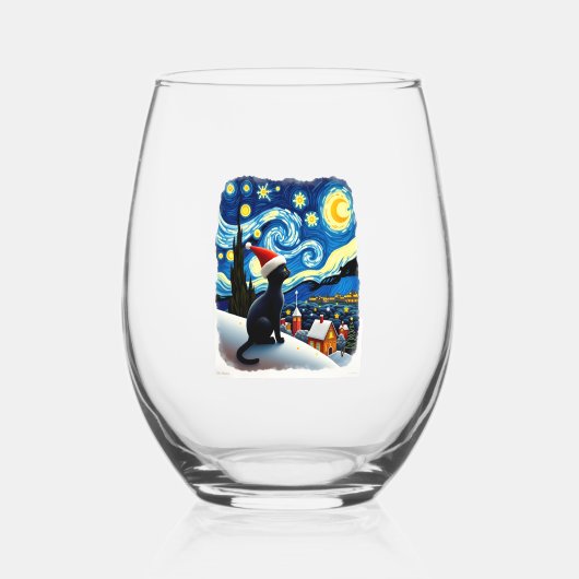 Verre À Vin Sans Pied Starry Night Festive Christmas Black Cat Santa Hat (Recto)