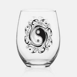 Verre À Vin Sans Pied Symbole Yin & Yang Tatouage Noir et Blanc