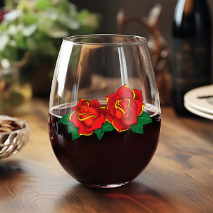 Verre À Vin Sans Pied Tatouage de roses traditionnelles rouges gras noir