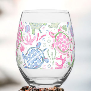 Verre À Vin Sans Pied Tortues de mer roses bleues preppy