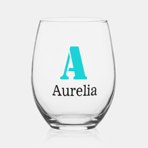 Verre À Vin Sans Pied Turquoise Elegant Initial Black Name   Moderne