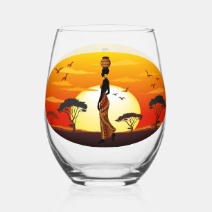 Verre À Vin Sans Pied Une belle femme africaine Silhouette sur les solei