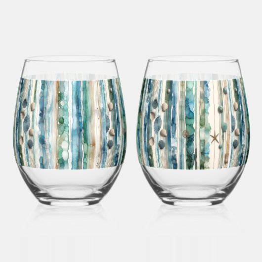 Verre À Vin Sans Pied Verrerie de plage, thème océan (Verso)