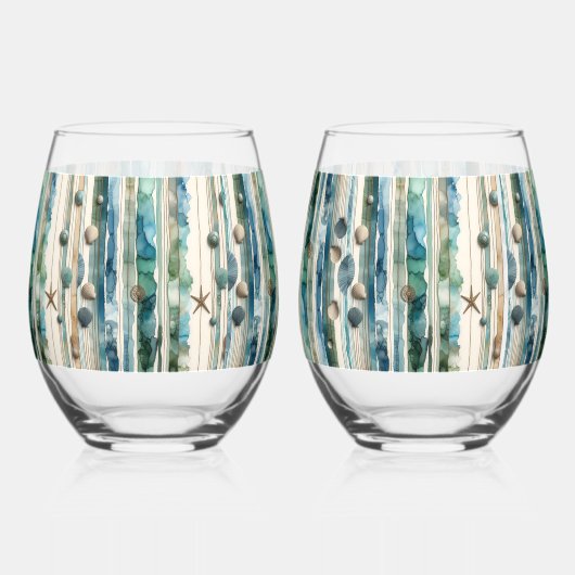 Verre À Vin Sans Pied Verrerie de plage, thème océan (Recto)