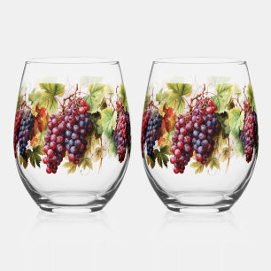 Verre À Vin Sans Pied Vignoble Aquarelle Raisins Vigne