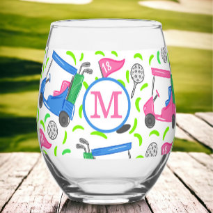 Verre À Vin Sans Pied Voitures de golf à monogramme rose personnalisé Go