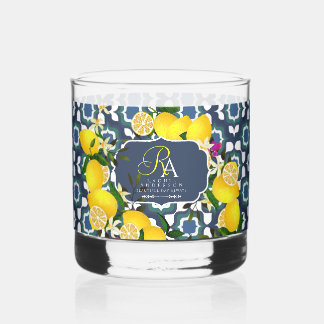 Verre À Whisky Carreaux Méditerranéens Citron Bleu Nuit Blanc
