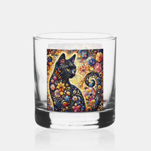 Verre À Whisky Chat Whimsical Noir Abstrait peinture florale Art