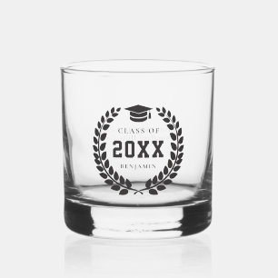 Verre À Whisky Graduation noire Cap Laurel Wreath cadeau personna