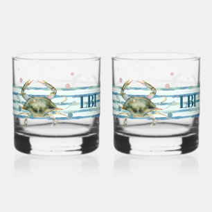 VERRE À WHISKY SA VILLE DE PLAGE, WATERCOLOR CRAB ART