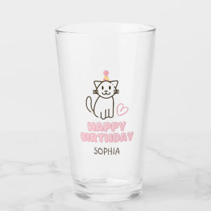 Verre Adorable Chat dans un Casquette d'anniversaire 
