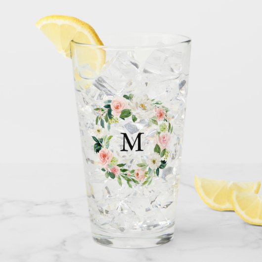 Verre Aquarelle florale rose pâle Monogramme de couronne (Devant glace)