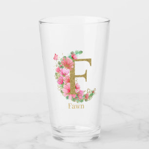 Verre Aquarelle Or et Monogramme Floral Lettre F