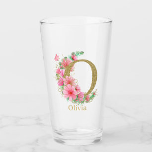 Verre Aquarelle Or et Monogramme Floral Lettre O