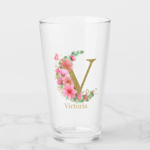 Verre Aquarelle Or et Monogramme Floral Lettre V