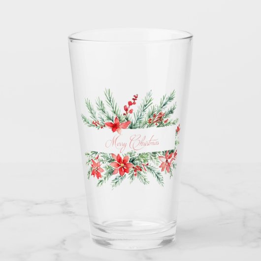 Verre Aquarelle poinsettia et verdure Noël (Devant)