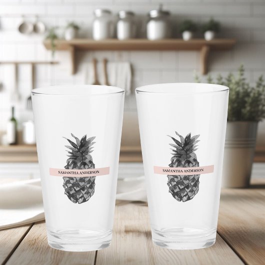 Verre Aquarelle rose et gris ananas | Votre nom