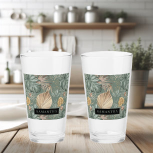 Verre Aquarelle Tropicale Gold & Green Feuille Motif